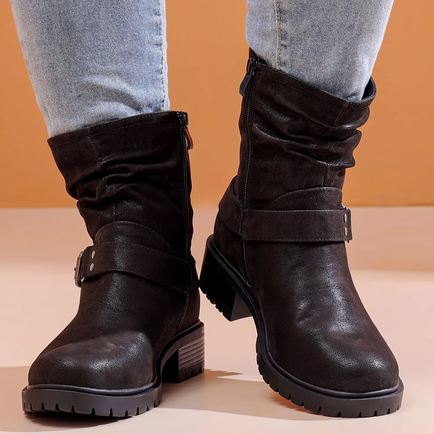 Luoika Women's Wide Width Ankle Boots - Low Heel Side Zipper Slouchy Mid Calf Boots Short Booties.