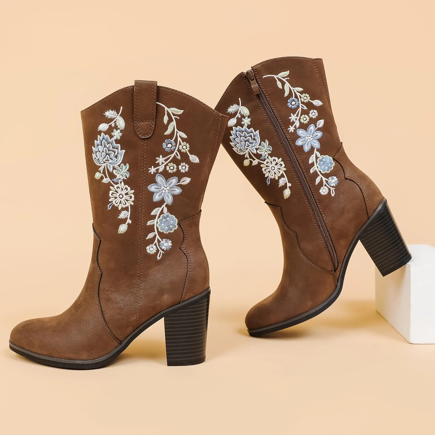 Luoika Women's Wide Width Cowboy Cowgirl Boots - Wide Calf Pointed Toe Pump Heel Women's Western Boots.