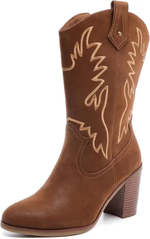 Luoika Women's Wide Width Cowboy Cowgirl Boots - Wide Calf Pointed Toe Pump Heel Women's Western Boots.