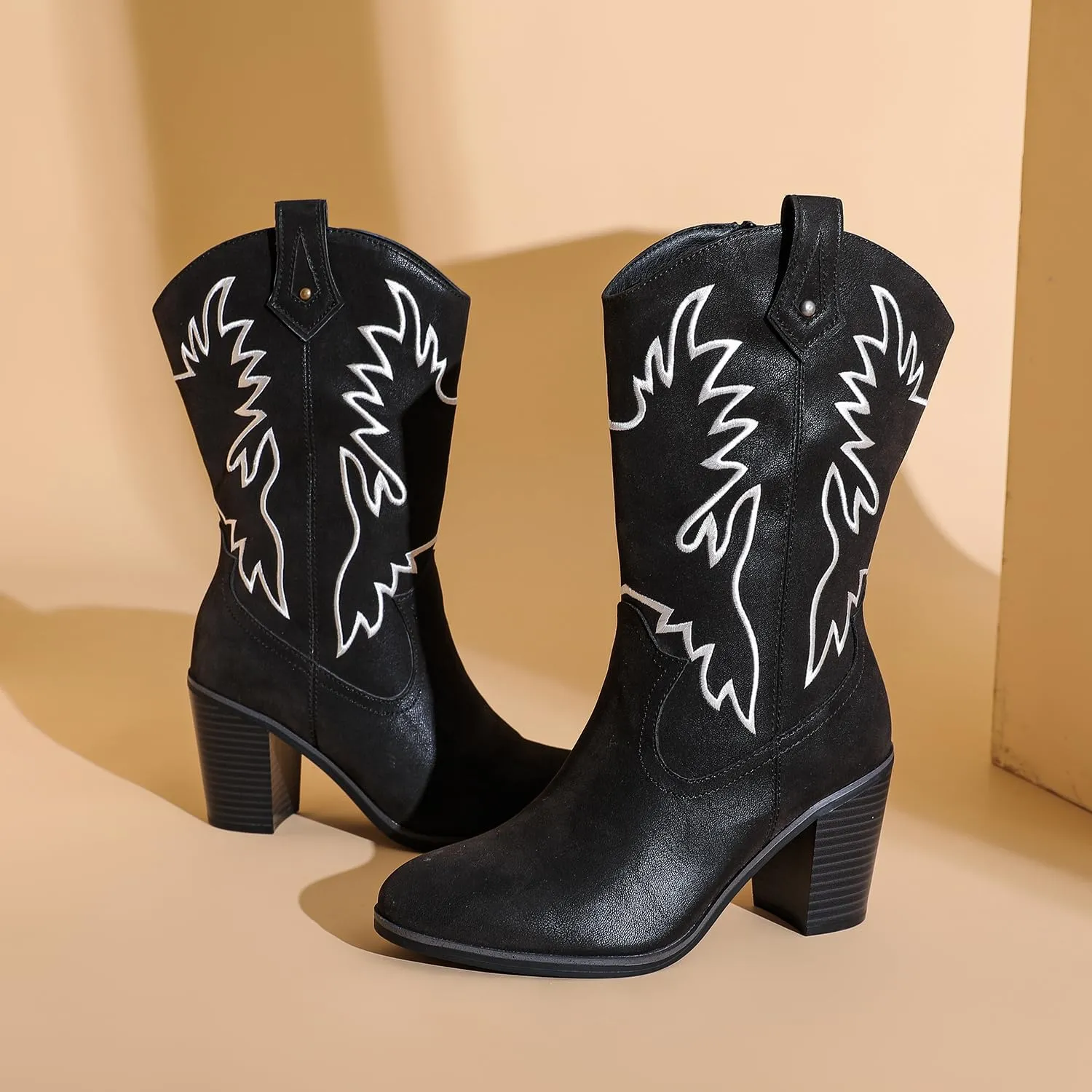 Luoika Women's Wide Width Cowboy Cowgirl Boots - Wide Calf Pointed Toe Pump Heel Women's Western Boots.