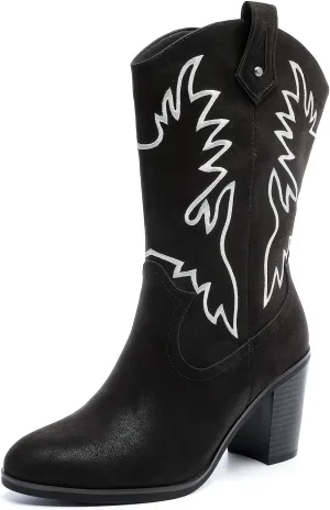 Luoika Women's Wide Width Cowboy Cowgirl Boots - Wide Calf Pointed Toe Pump Heel Women's Western Boots.