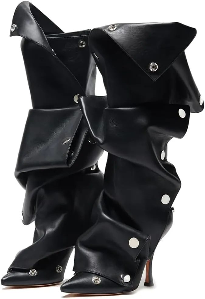 Mattiventon Women's Stiletto Knee High Boots Slouchy High Heel Boots Pointed Toe Boot with Zipper Fashion Slouchy Ruched Boot