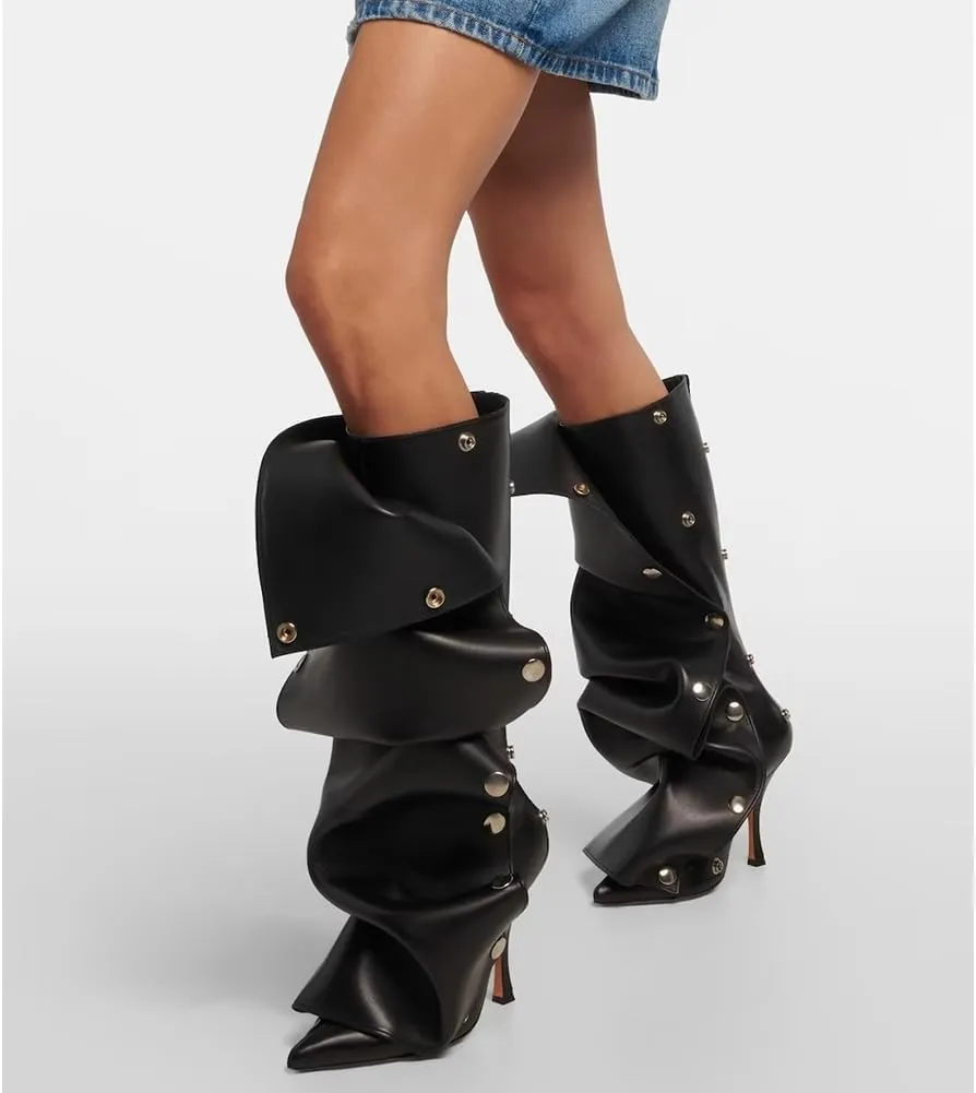 Mattiventon Women's Stiletto Knee High Boots Slouchy High Heel Boots Pointed Toe Boot with Zipper Fashion Slouchy Ruched Boot