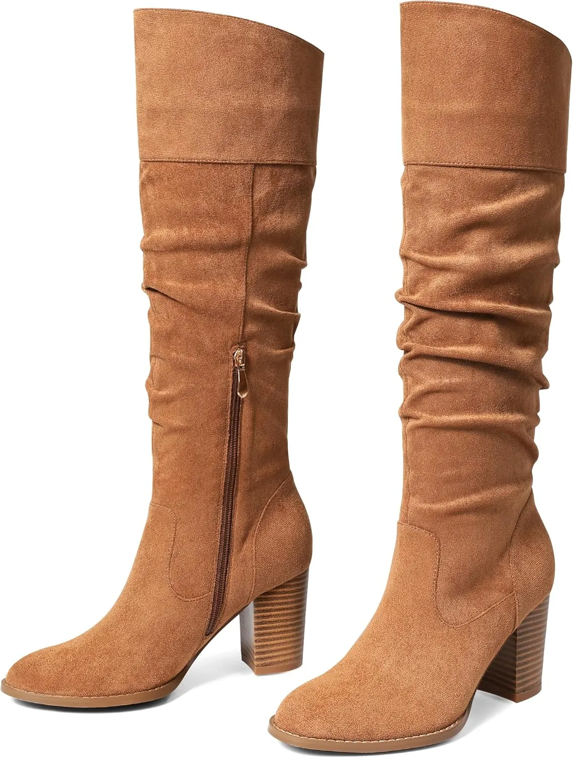 MeiLuSi Women's Slouchy Knee High Boots Suede Fall Boots Round Toe Chunky Heel Boots Warm Winter Boots Wide Calf Boots Outdoor Side Zipper