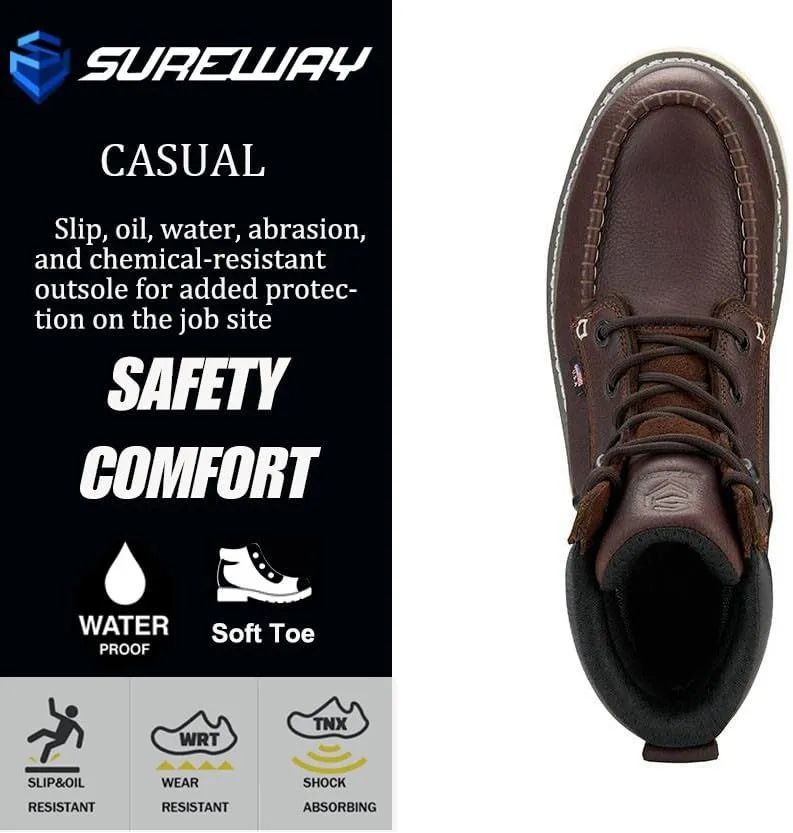 Men 6 Inch Waterproof Soft Toe Work Boots - Moc Toe,Construction Industrial Safety Leather Work Shoes,Oil/Slip Resistant Comfortable Wedge Outsole,EH Rated,Goodyear Welt,Lace Up,Heavy Duty
