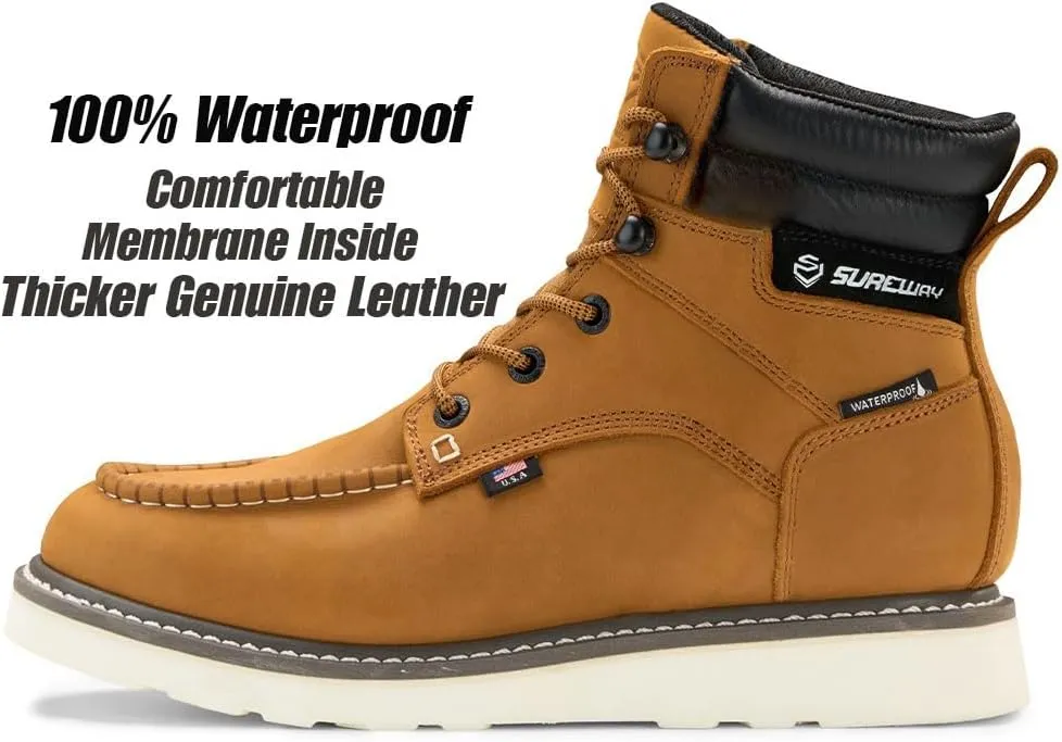 Men 6 Inch Waterproof Soft Toe Work Boots - Moc Toe,Construction Industrial Safety Leather Work Shoes,Oil/Slip Resistant Comfortable Wedge Outsole,EH Rated,Goodyear Welt,Lace Up,Heavy Duty