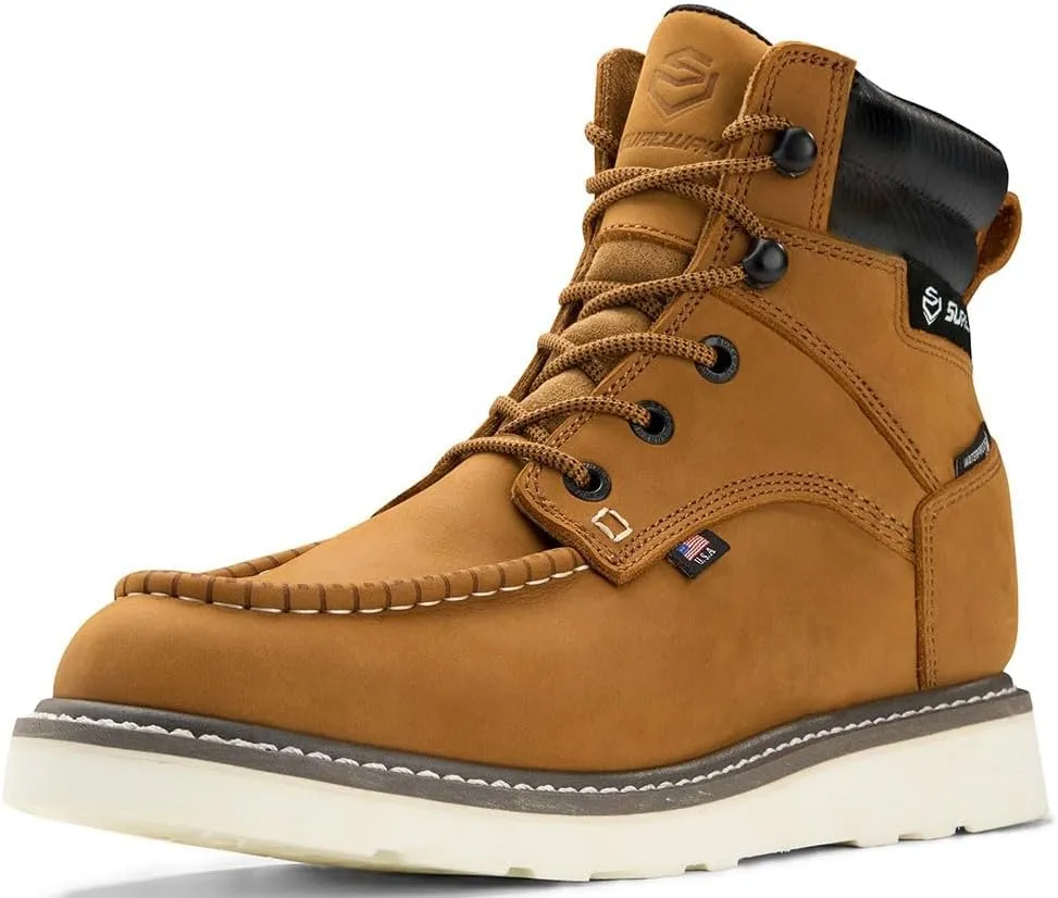 Men 6 Inch Waterproof Soft Toe Work Boots - Moc Toe,Construction Industrial Safety Leather Work Shoes,Oil/Slip Resistant Comfortable Wedge Outsole,EH Rated,Goodyear Welt,Lace Up,Heavy Duty