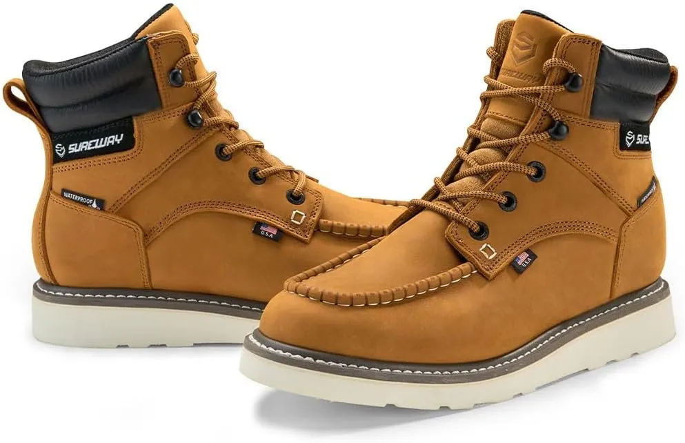 Men 6 Inch Waterproof Soft Toe Work Boots - Moc Toe,Construction Industrial Safety Leather Work Shoes,Oil/Slip Resistant Comfortable Wedge Outsole,EH Rated,Goodyear Welt,Lace Up,Heavy Duty