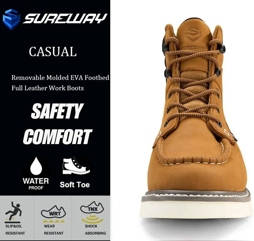 Men 6 Inch Waterproof Soft Toe Work Boots - Moc Toe,Construction Industrial Safety Leather Work Shoes,Oil/Slip Resistant Comfortable Wedge Outsole,EH Rated,Goodyear Welt,Lace Up,Heavy Duty