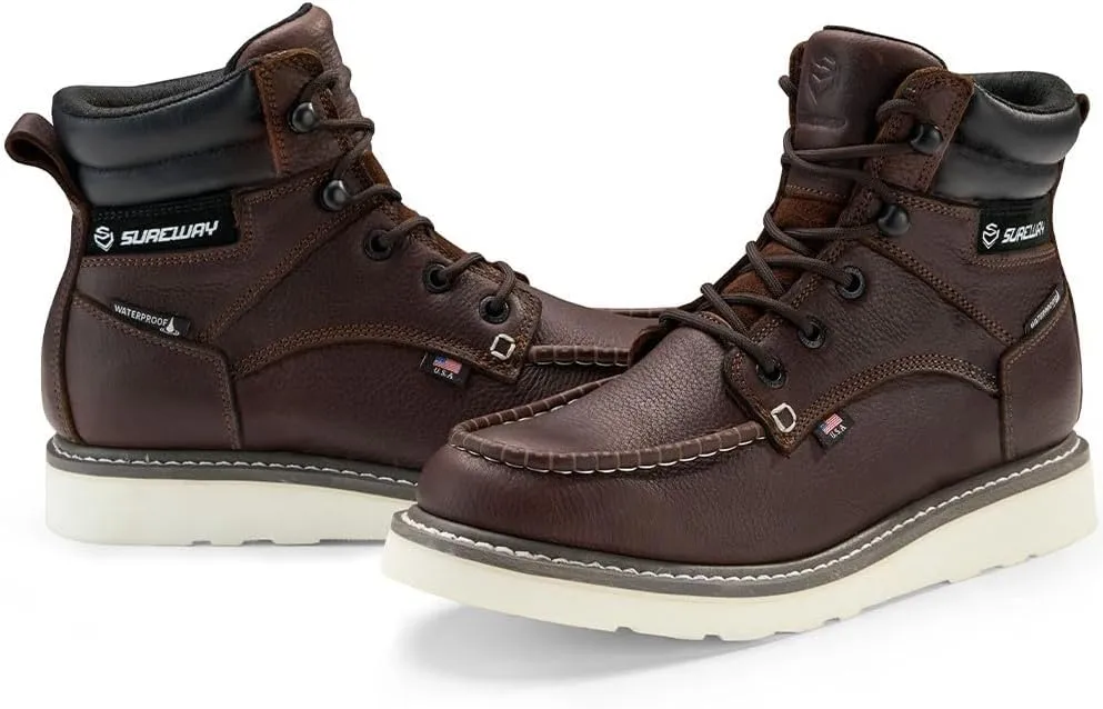 Men 6 Inch Waterproof Soft Toe Work Boots - Moc Toe,Construction Industrial Safety Leather Work Shoes,Oil/Slip Resistant Comfortable Wedge Outsole,EH Rated,Goodyear Welt,Lace Up,Heavy Duty