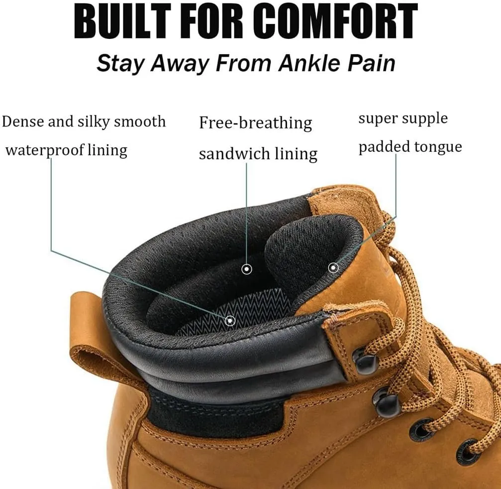 Men 6 Inch Waterproof Soft Toe Work Boots - Moc Toe,Construction Industrial Safety Leather Work Shoes,Oil/Slip Resistant Comfortable Wedge Outsole,EH Rated,Goodyear Welt,Lace Up,Heavy Duty