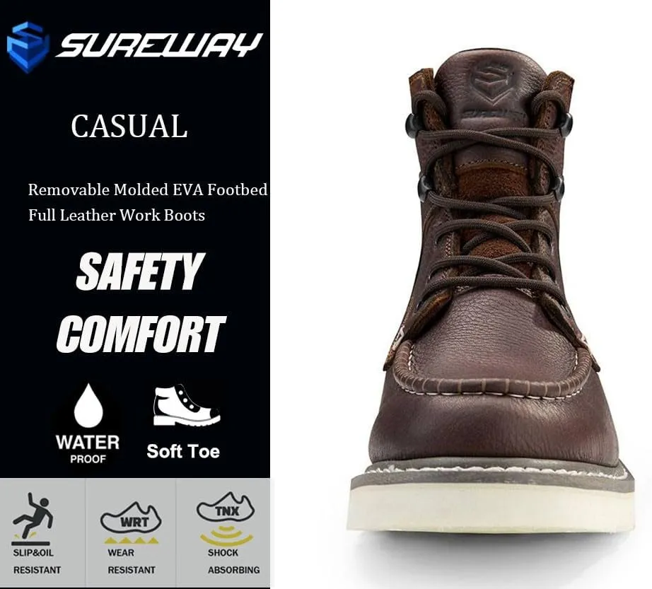 Men 6 Inch Waterproof Soft Toe Work Boots - Moc Toe,Construction Industrial Safety Leather Work Shoes,Oil/Slip Resistant Comfortable Wedge Outsole,EH Rated,Goodyear Welt,Lace Up,Heavy Duty