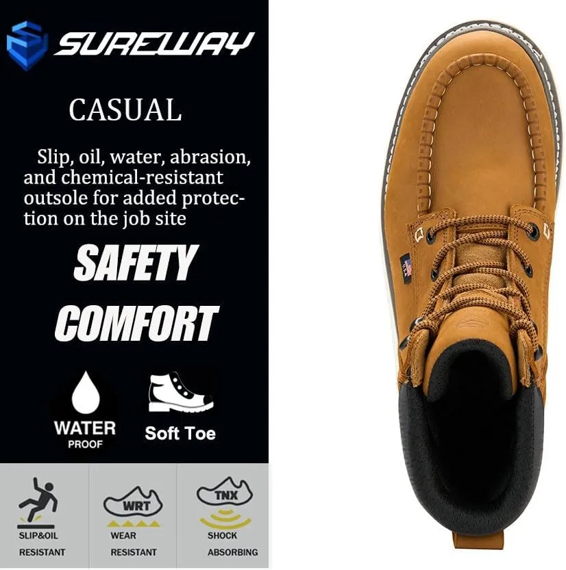 Men 6 Inch Waterproof Soft Toe Work Boots - Moc Toe,Construction Industrial Safety Leather Work Shoes,Oil/Slip Resistant Comfortable Wedge Outsole,EH Rated,Goodyear Welt,Lace Up,Heavy Duty
