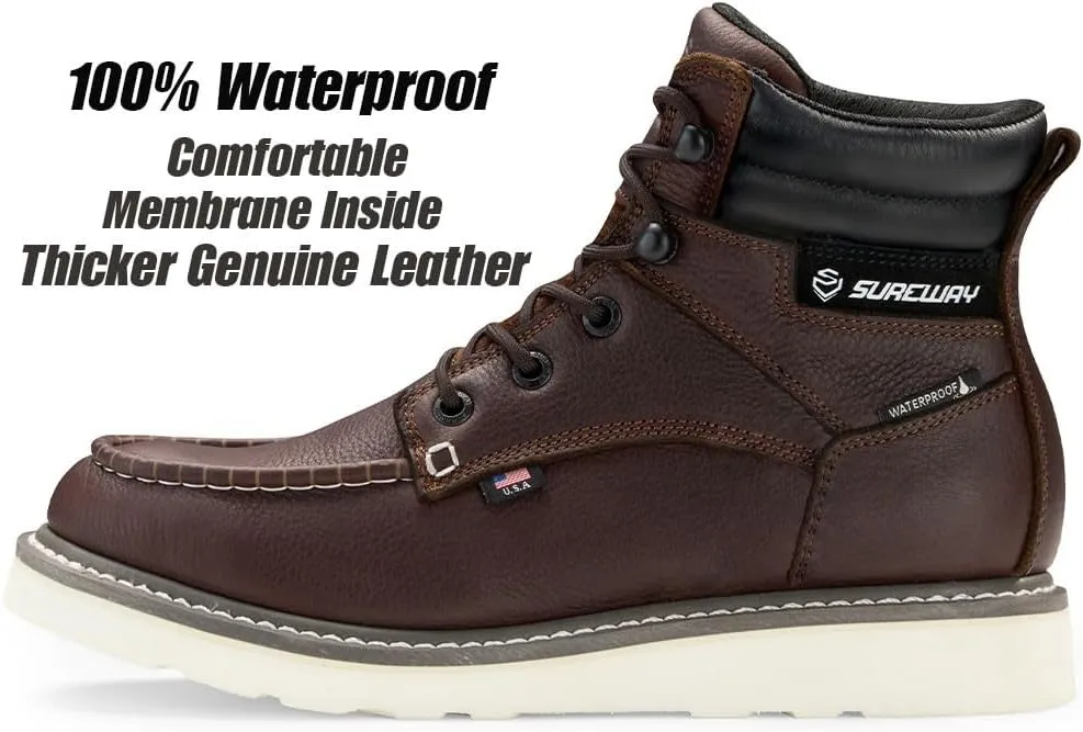 Men 6 Inch Waterproof Soft Toe Work Boots - Moc Toe,Construction Industrial Safety Leather Work Shoes,Oil/Slip Resistant Comfortable Wedge Outsole,EH Rated,Goodyear Welt,Lace Up,Heavy Duty