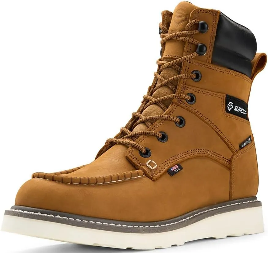 Men 8" Waterproof Soft Toe Work Boots,EH Construction Industrial Leather Lace Up Moc Toe Safety Work Boot, Oil/Slip Resistant Comfortable Wedge Outsole,Goodyear Welt,zapatos de trabajo para hombre