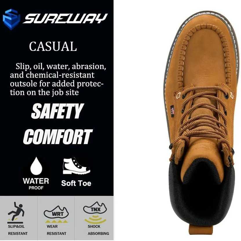 Men 8" Waterproof Soft Toe Work Boots,EH Construction Industrial Leather Lace Up Moc Toe Safety Work Boot, Oil/Slip Resistant Comfortable Wedge Outsole,Goodyear Welt,zapatos de trabajo para hombre