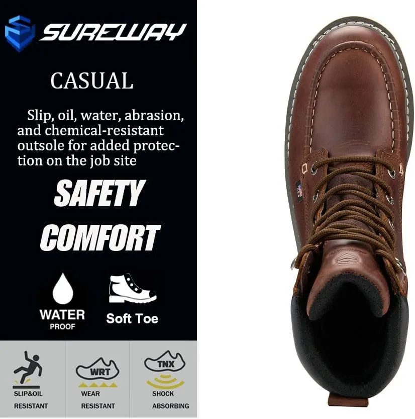 Men 8" Waterproof Soft Toe Work Boots,EH Construction Industrial Leather Lace Up Moc Toe Safety Work Boot, Oil/Slip Resistant Comfortable Wedge Outsole,Goodyear Welt,zapatos de trabajo para hombre