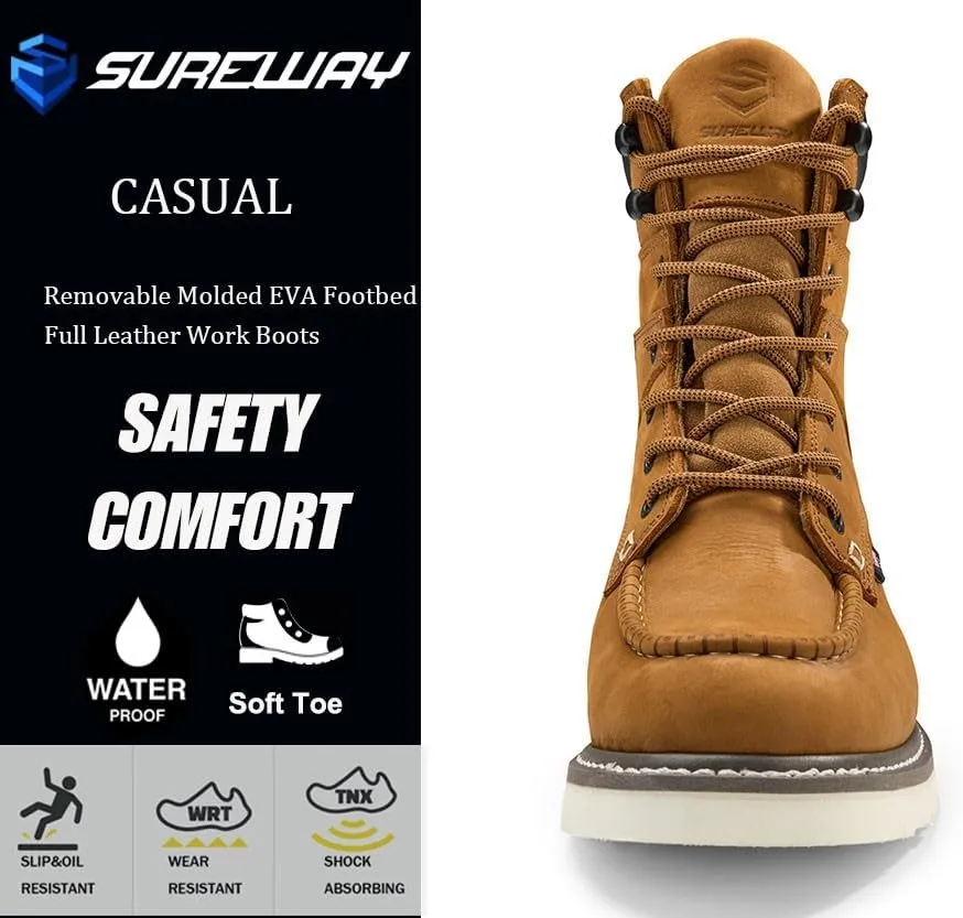 Men 8" Waterproof Soft Toe Work Boots,EH Construction Industrial Leather Lace Up Moc Toe Safety Work Boot, Oil/Slip Resistant Comfortable Wedge Outsole,Goodyear Welt,zapatos de trabajo para hombre
