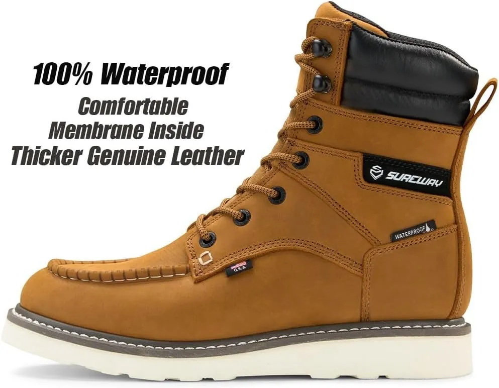 Men 8" Waterproof Soft Toe Work Boots,EH Construction Industrial Leather Lace Up Moc Toe Safety Work Boot, Oil/Slip Resistant Comfortable Wedge Outsole,Goodyear Welt,zapatos de trabajo para hombre
