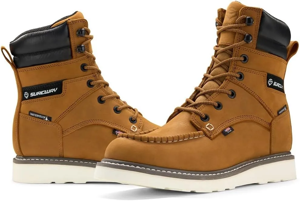 Men 8" Waterproof Soft Toe Work Boots,EH Construction Industrial Leather Lace Up Moc Toe Safety Work Boot, Oil/Slip Resistant Comfortable Wedge Outsole,Goodyear Welt,zapatos de trabajo para hombre