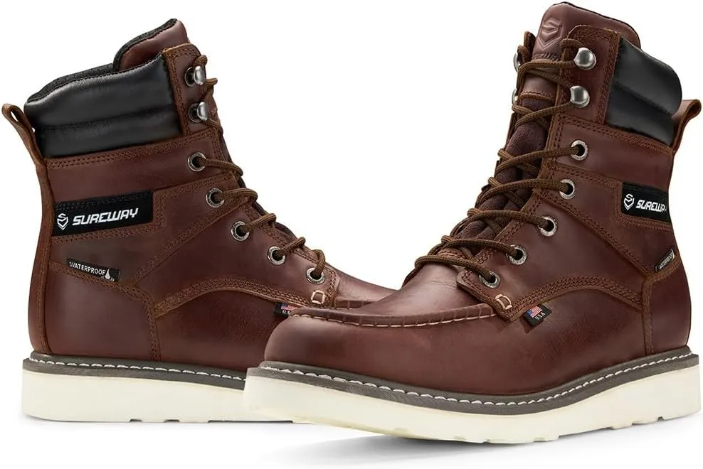 Men 8" Waterproof Soft Toe Work Boots,EH Construction Industrial Leather Lace Up Moc Toe Safety Work Boot, Oil/Slip Resistant Comfortable Wedge Outsole,Goodyear Welt,zapatos de trabajo para hombre