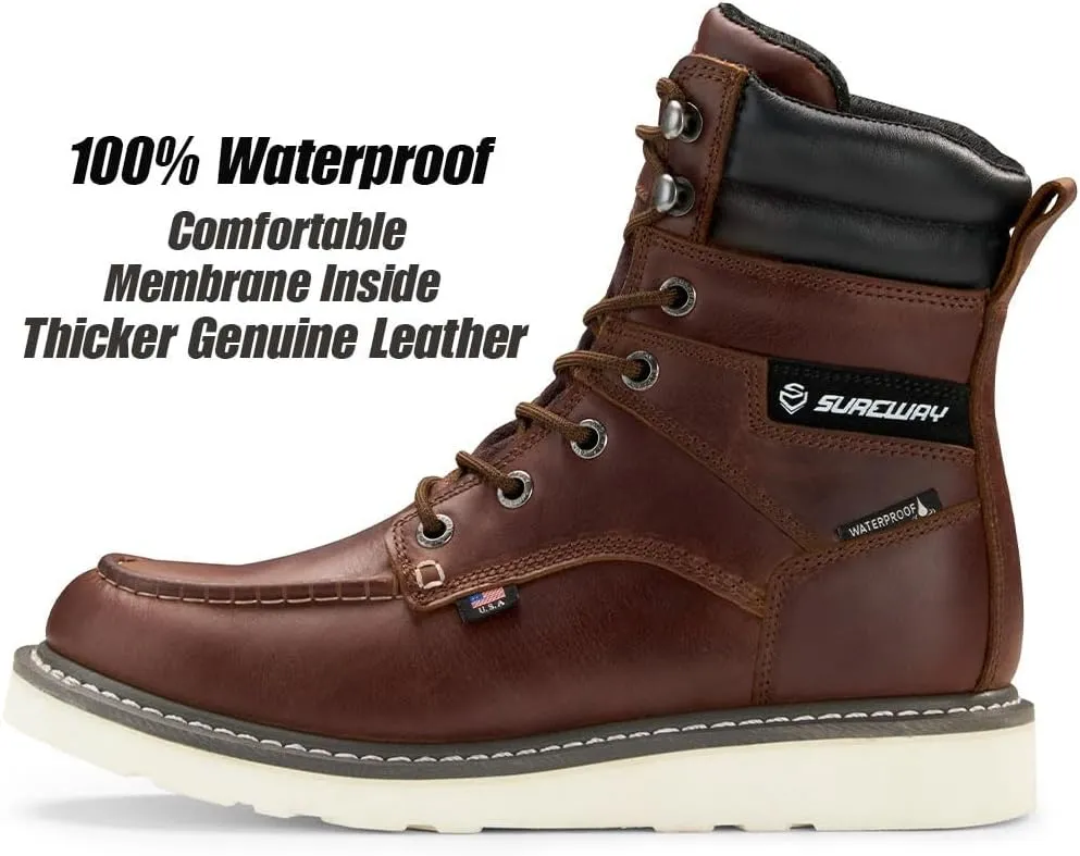 Men 8" Waterproof Soft Toe Work Boots,EH Construction Industrial Leather Lace Up Moc Toe Safety Work Boot, Oil/Slip Resistant Comfortable Wedge Outsole,Goodyear Welt,zapatos de trabajo para hombre