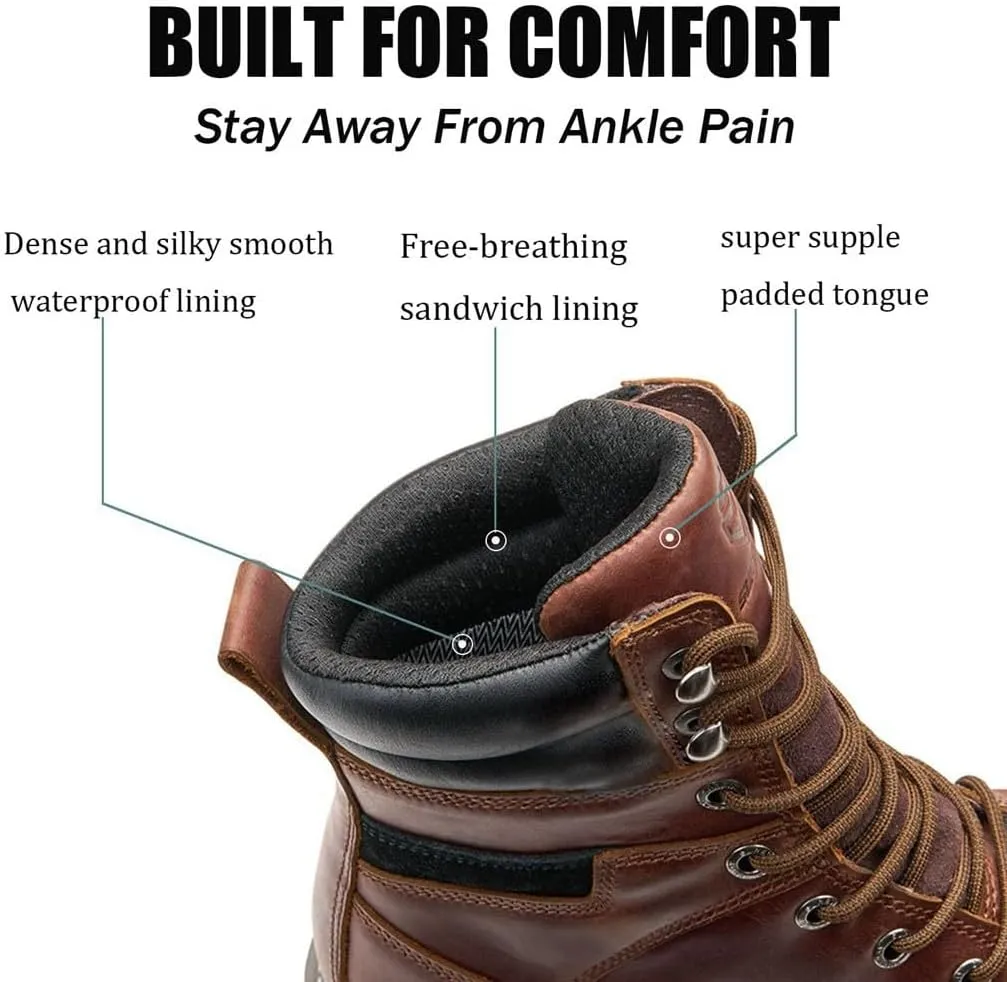 Men 8" Waterproof Soft Toe Work Boots,EH Construction Industrial Leather Lace Up Moc Toe Safety Work Boot, Oil/Slip Resistant Comfortable Wedge Outsole,Goodyear Welt,zapatos de trabajo para hombre