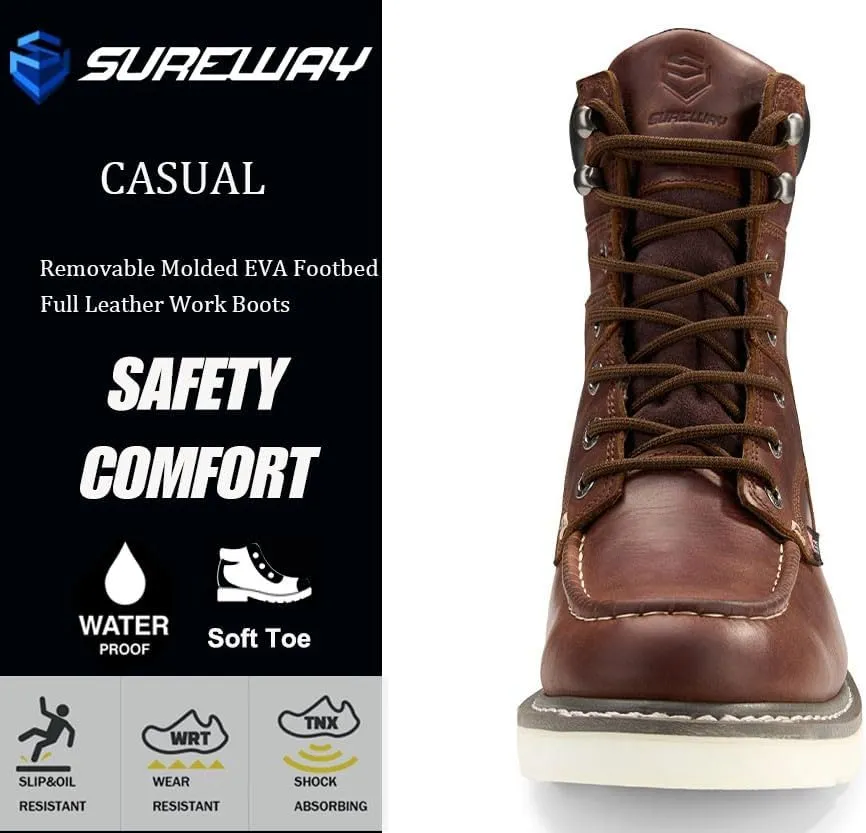Men 8" Waterproof Soft Toe Work Boots,EH Construction Industrial Leather Lace Up Moc Toe Safety Work Boot, Oil/Slip Resistant Comfortable Wedge Outsole,Goodyear Welt,zapatos de trabajo para hombre