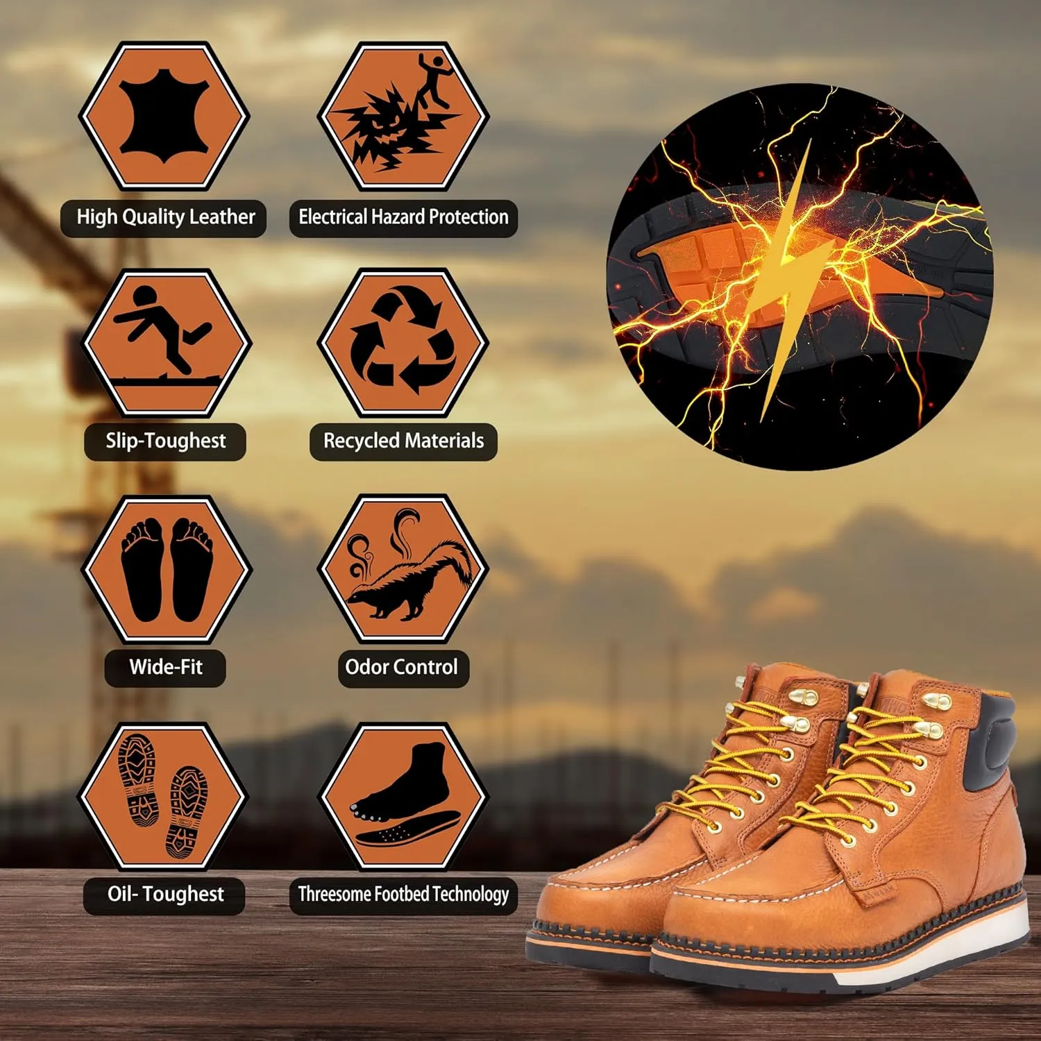 Men's 6 Inch Soft Moc Toe Work Boot, Premium Full-Grain Leather, Abrasion & Oil & Slip Toughest Wedge Sole, EH Rated, Arch Support Anti Fatigue