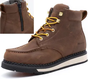 Men's 6 Inch Soft Moc Toe Work Boot, Premium Full-Grain Leather, Abrasion & Oil & Slip Toughest Wedge Sole, EH Rated, Arch Support Anti Fatigue