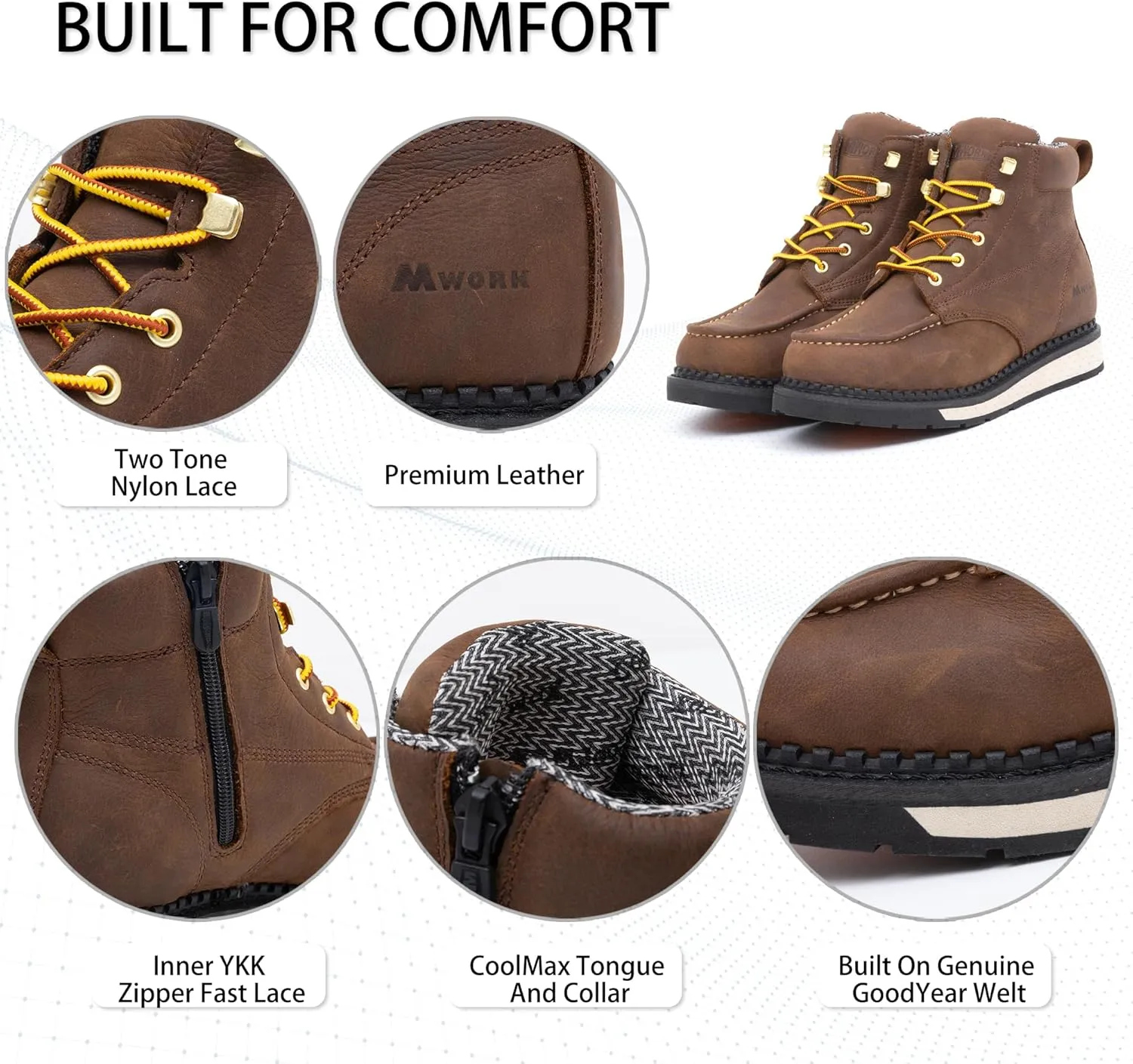 Men's 6 Inch Soft Moc Toe Work Boot, Premium Full-Grain Leather, Abrasion & Oil & Slip Toughest Wedge Sole, EH Rated, Arch Support Anti Fatigue