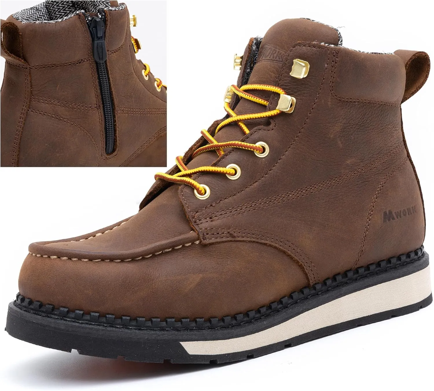 Men's 6 Inch Soft Moc Toe Work Boot, Premium Full-Grain Leather, Abrasion & Oil & Slip Toughest Wedge Sole, EH Rated, Arch Support Anti Fatigue