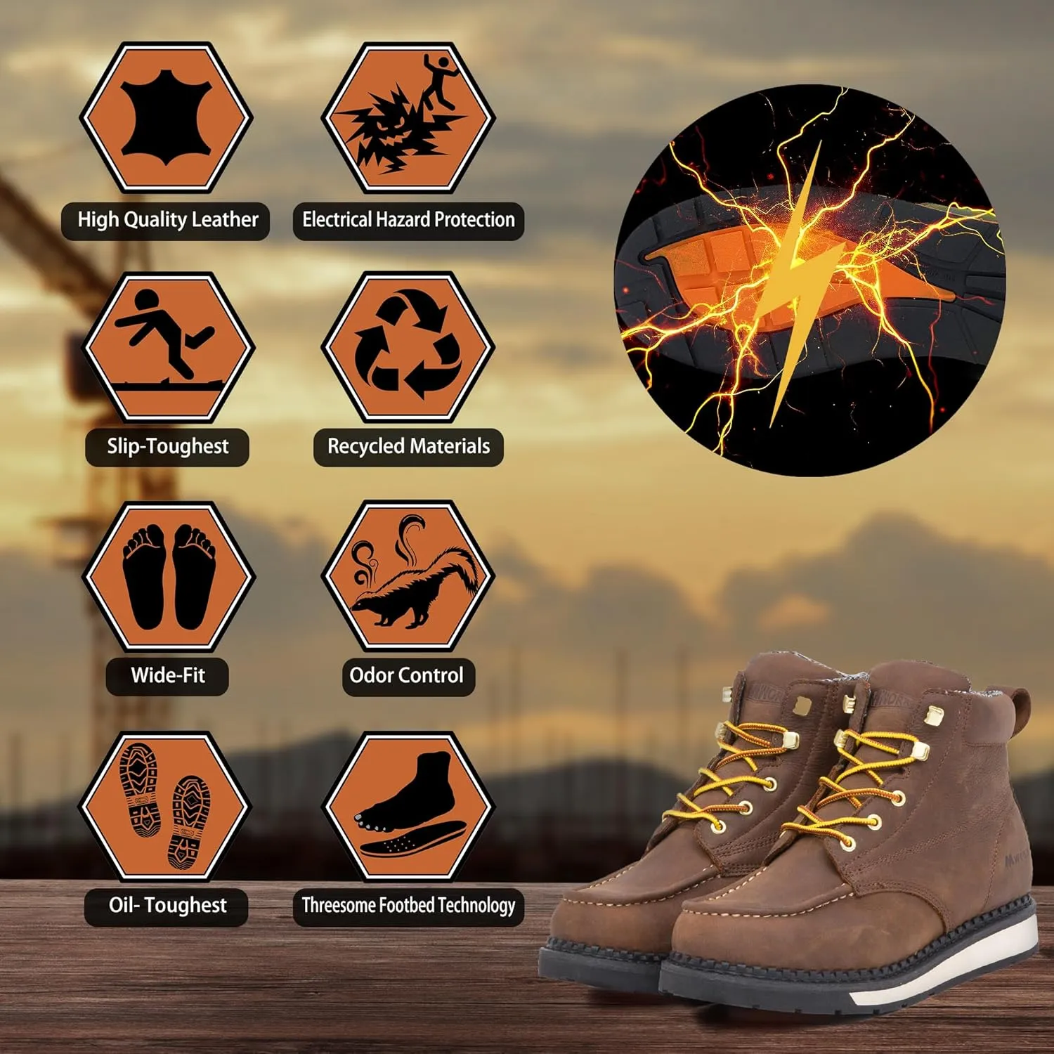 Men's 6 Inch Soft Moc Toe Work Boot, Premium Full-Grain Leather, Abrasion & Oil & Slip Toughest Wedge Sole, EH Rated, Arch Support Anti Fatigue