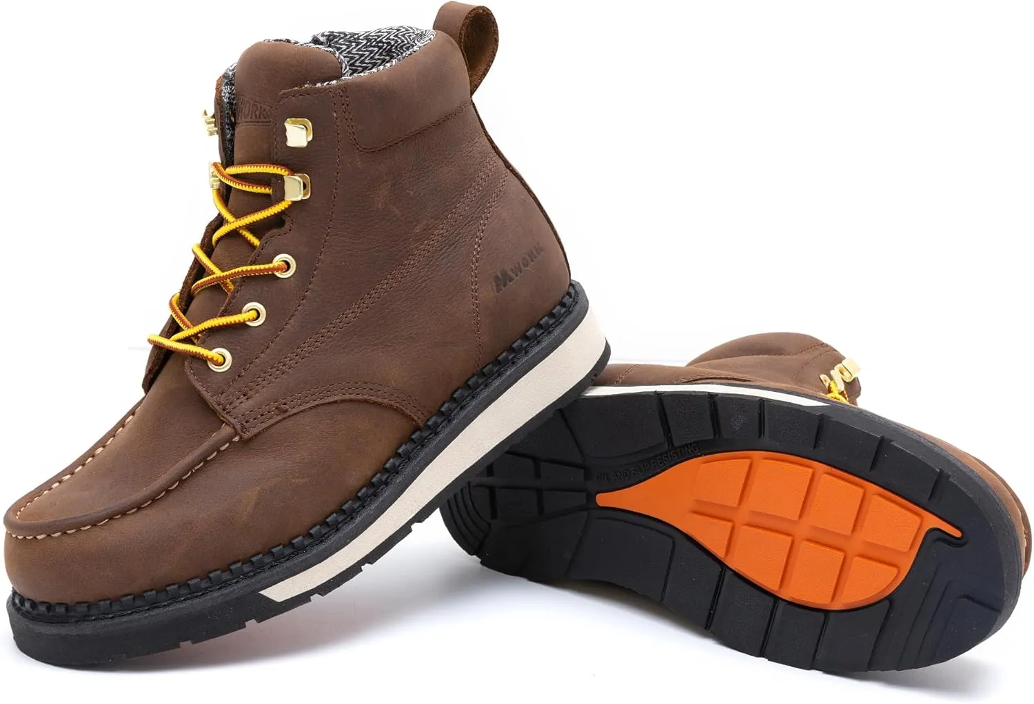 Men's 6 Inch Soft Moc Toe Work Boot, Premium Full-Grain Leather, Abrasion & Oil & Slip Toughest Wedge Sole, EH Rated, Arch Support Anti Fatigue