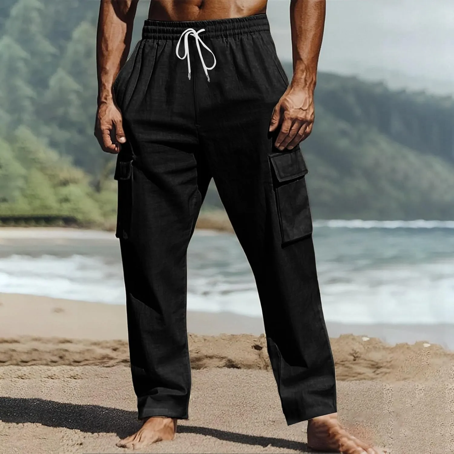 Mens Athletic Pants Tapered Linen Elastic Waist Active Beach Flex Trousers Joggers Travel Hiking Pants