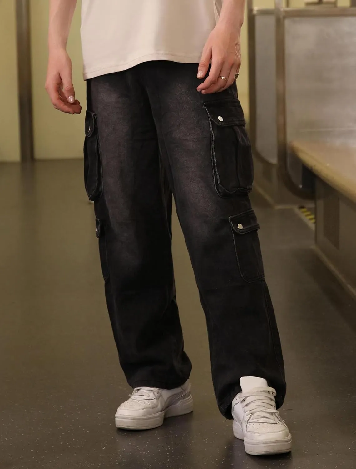 Men's Baggy Cargo Jeans Wide Leg Hip Hop Jeans Loose Fit Multiple Pockets Denim Pants Streetwear