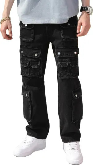 Men's Baggy Cargo Jeans Wide Leg Hip Hop Jeans Loose Fit Multiple Pockets Denim Pants Streetwear