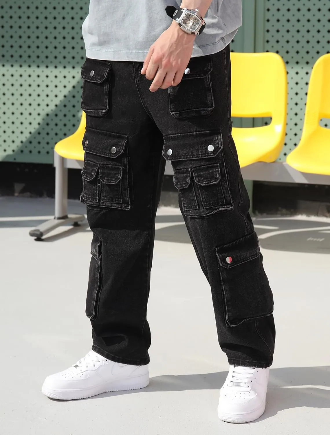 Men's Baggy Cargo Jeans Wide Leg Hip Hop Jeans Loose Fit Multiple Pockets Denim Pants Streetwear