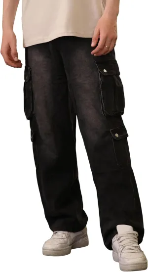 Men's Baggy Cargo Jeans Wide Leg Hip Hop Jeans Loose Fit Multiple Pockets Denim Pants Streetwear