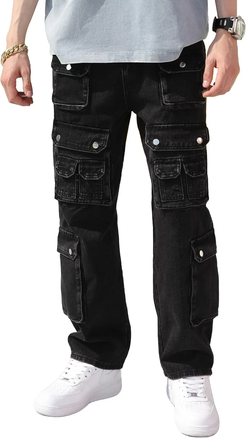 Men's Baggy Cargo Jeans Wide Leg Hip Hop Jeans Loose Fit Multiple Pockets Denim Pants Streetwear