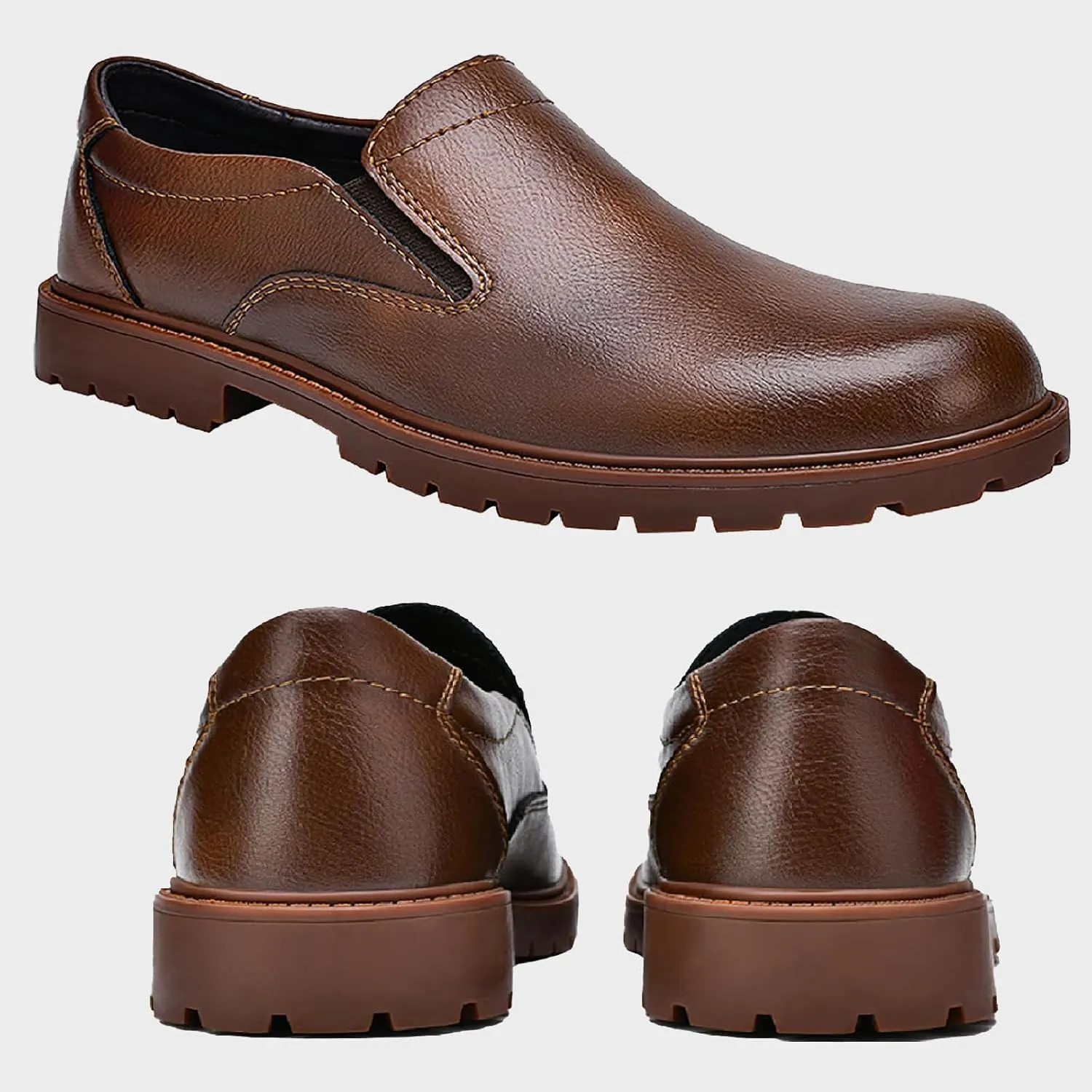 Men's Burnt Genuine Leather Slip On Penny Loafers Fashion Round Toe Non-SLI Plug Sole Business Dress Oxford S Cowhide Casual Work Shoes