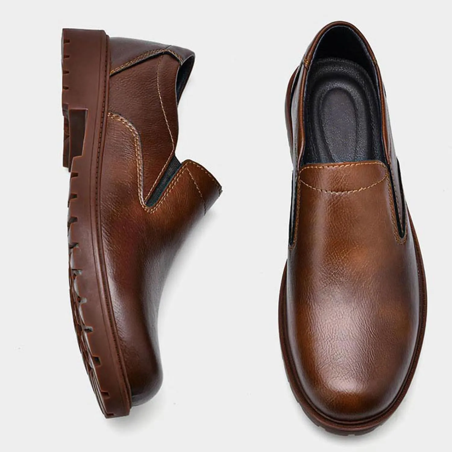 Men's Burnt Genuine Leather Slip On Penny Loafers Fashion Round Toe Non-SLI Plug Sole Business Dress Oxford S Cowhide Casual Work Shoes
