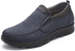 Men's Canvas Slip-On Loafers,Comfortable Breathable Casual Walking Canvas Shoes,Outdoor Non-Slip Wide Hiking Driving Shoes,Middle Aged Elderly Dad Shoes