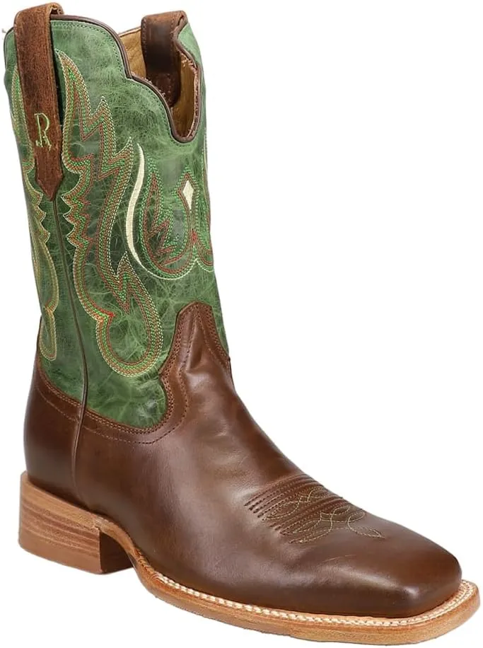 Mens Cowhide Embroidered Wide Square Toe Casual Boots Mid Calf - Brown, Green