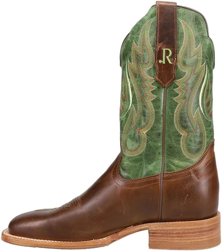 Mens Cowhide Embroidered Wide Square Toe Casual Boots Mid Calf - Brown, Green