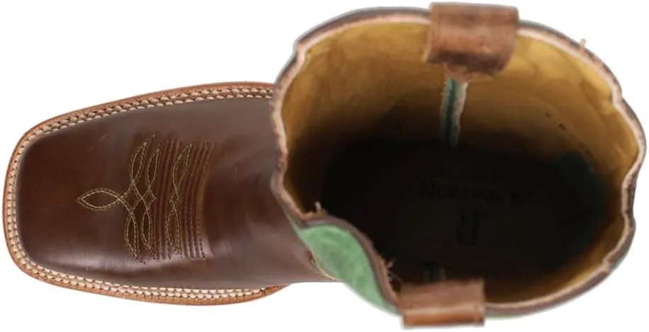 Mens Cowhide Embroidered Wide Square Toe Casual Boots Mid Calf - Brown, Green