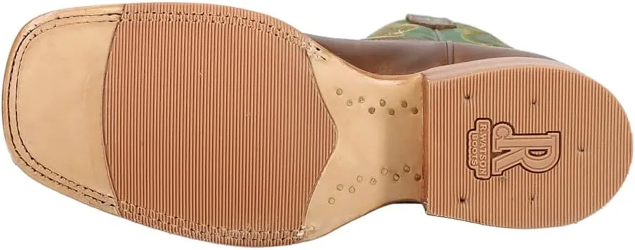 Mens Cowhide Embroidered Wide Square Toe Casual Boots Mid Calf - Brown, Green