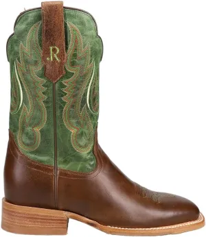 Mens Cowhide Embroidered Wide Square Toe Casual Boots Mid Calf - Brown, Green