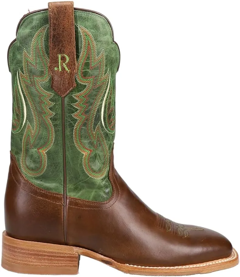 Mens Cowhide Embroidered Wide Square Toe Casual Boots Mid Calf - Brown, Green