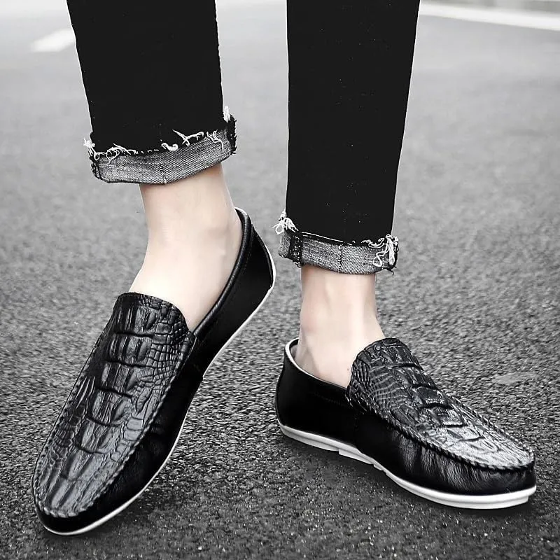 Men's Crocodile Print Vegan Leather Loafers -Round Toe Lightweight Comfortable Anti-Slip Slip-Ons for Casual Wear
